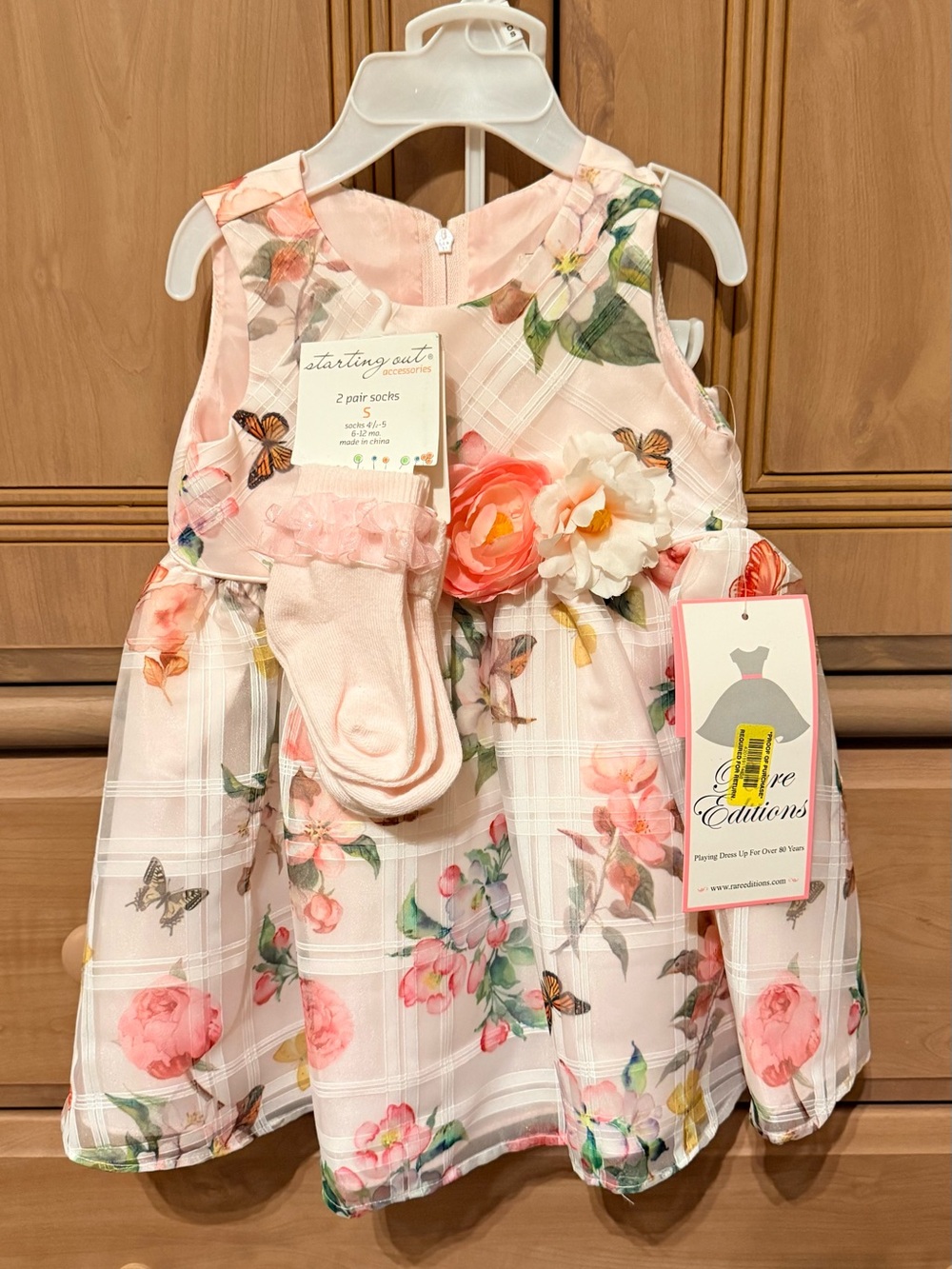 Rare Editions Pink Floral Party Dress with Matching Pink Ruffle Socks